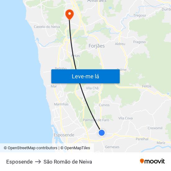 Esposende to São Romão de Neiva map