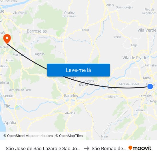 São José de São Lázaro e São João do Souto to São Romão de Neiva map