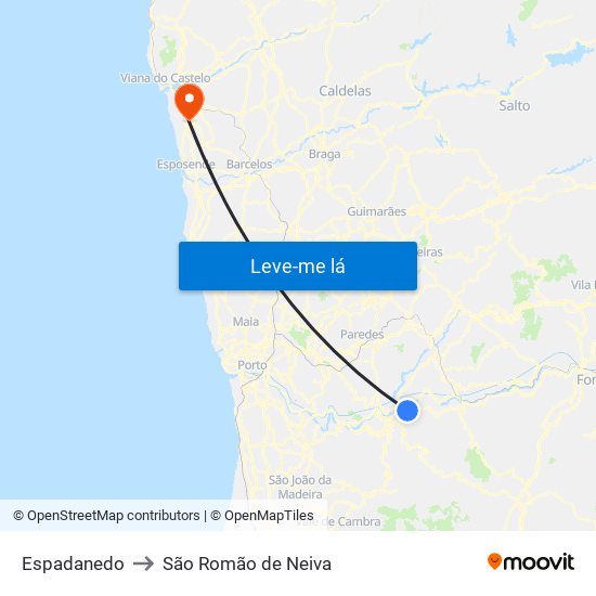 Espadanedo to São Romão de Neiva map