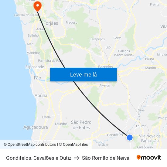 Gondifelos, Cavalões e Outiz to São Romão de Neiva map