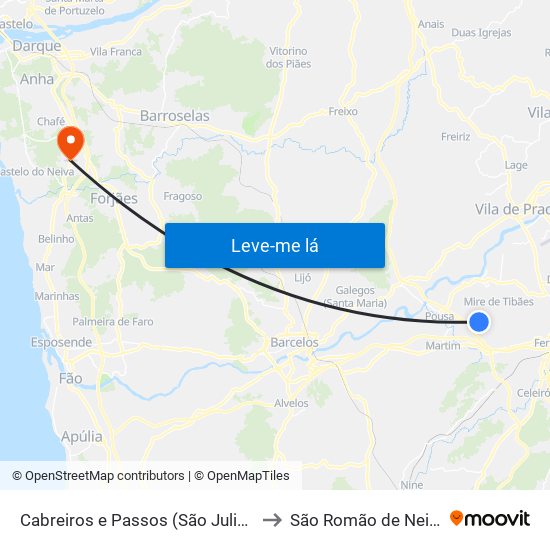 Cabreiros e Passos (São Julião) to São Romão de Neiva map