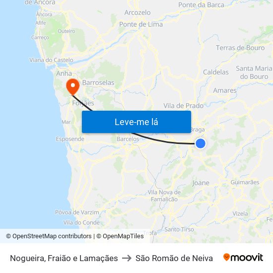 Nogueira, Fraião e Lamaçães to São Romão de Neiva map