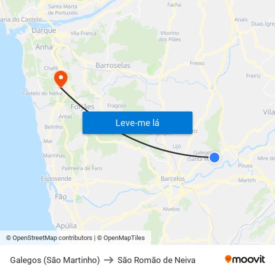 Galegos (São Martinho) to São Romão de Neiva map