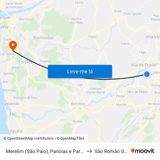 Merelim (São Paio), Panoias e Parada de Tibães to São Romão de Neiva map