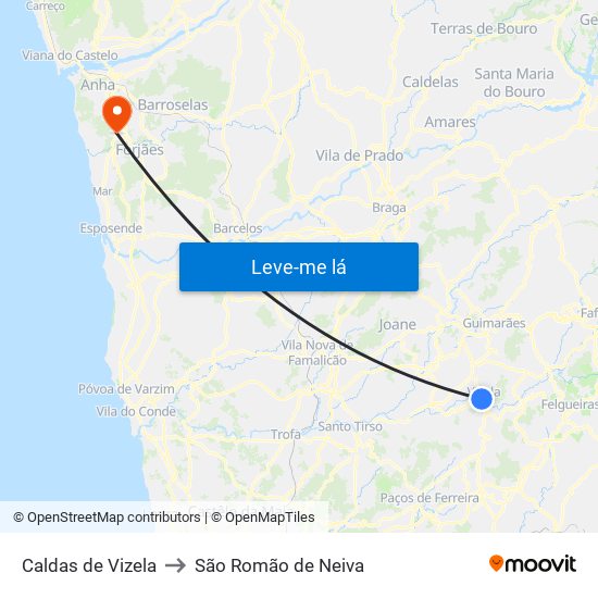 Caldas de Vizela to São Romão de Neiva map