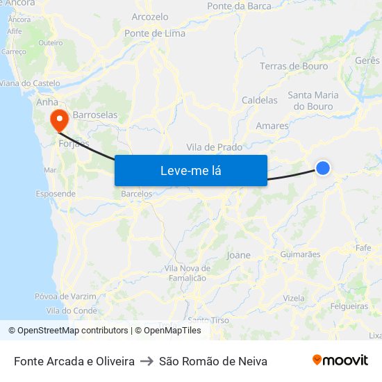 Fonte Arcada e Oliveira to São Romão de Neiva map