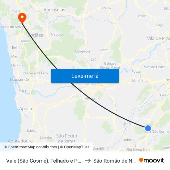 Vale (São Cosme), Telhado e Portela to São Romão de Neiva map
