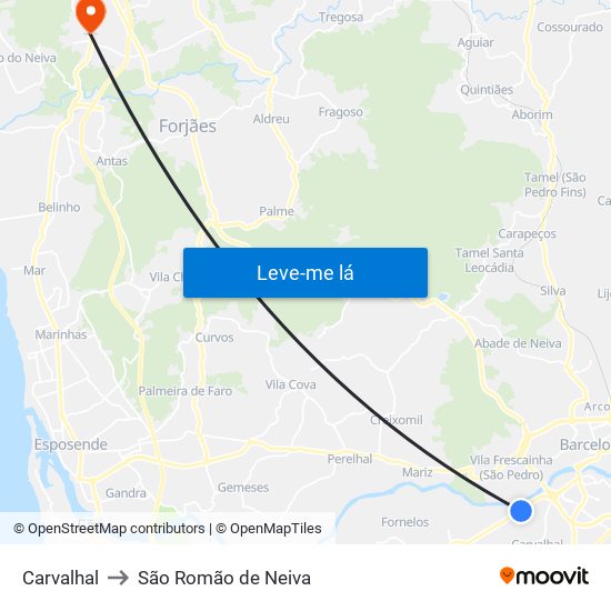 Carvalhal to São Romão de Neiva map