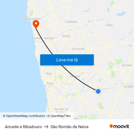 Ancede e Ribadouro to São Romão de Neiva map