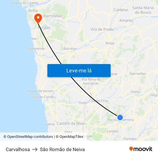 Carvalhosa to São Romão de Neiva map