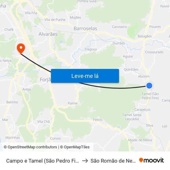 Campo e Tamel (São Pedro Fins) to São Romão de Neiva map