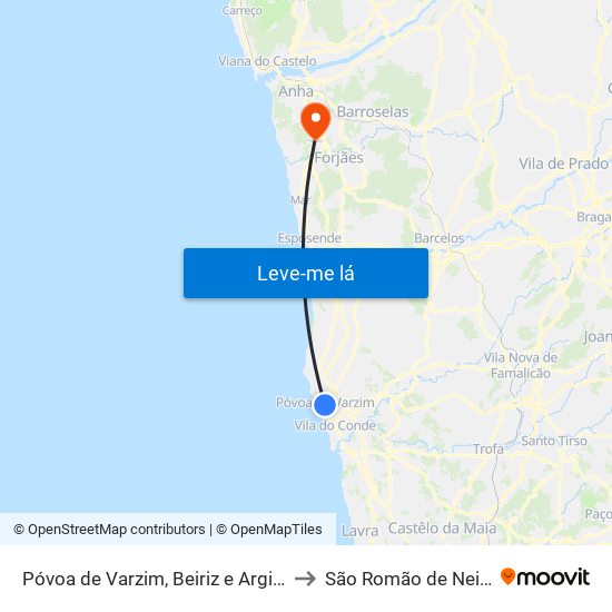 Póvoa de Varzim, Beiriz e Argivai to São Romão de Neiva map