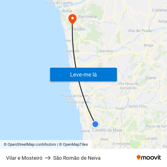 Vilar e Mosteiró to São Romão de Neiva map