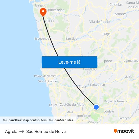 Agrela to São Romão de Neiva map