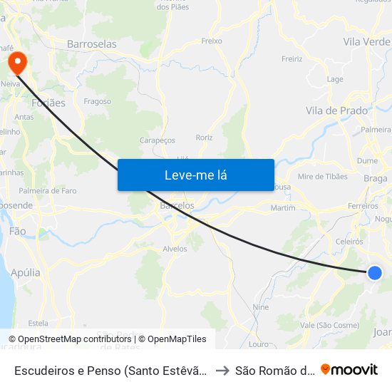 Escudeiros e Penso (Santo Estêvão e São Vicente) to São Romão de Neiva map