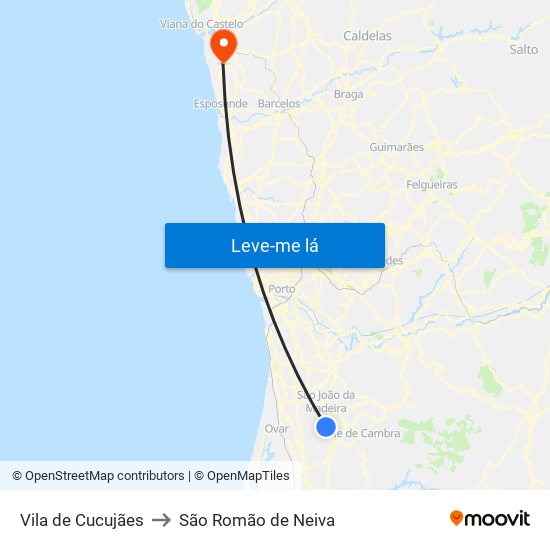 Vila de Cucujães to São Romão de Neiva map