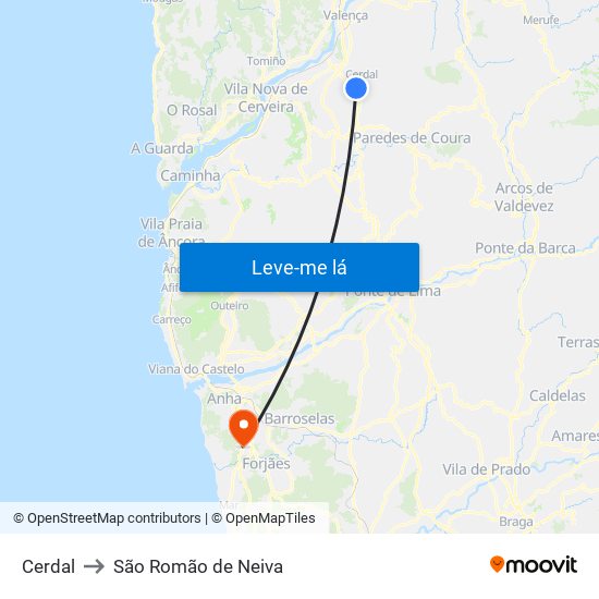 Cerdal to São Romão de Neiva map
