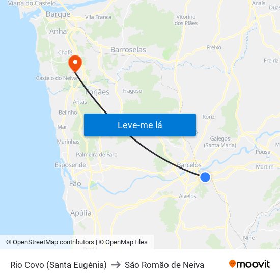 Rio Covo (Santa Eugénia) to São Romão de Neiva map