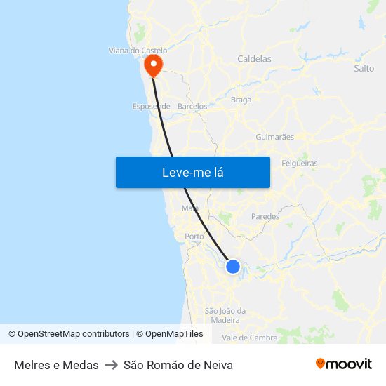 Melres e Medas to São Romão de Neiva map