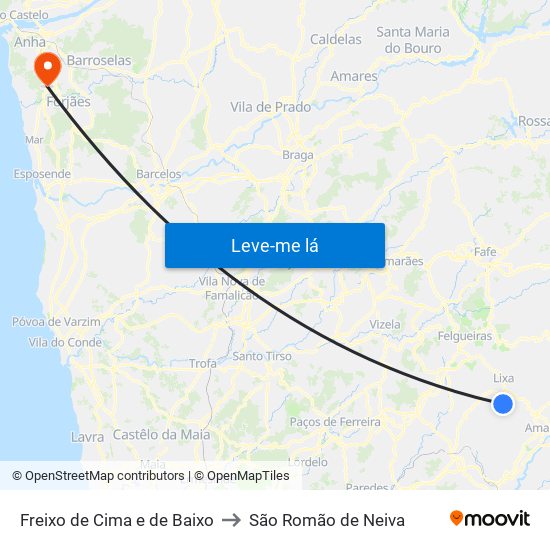 Freixo de Cima e de Baixo to São Romão de Neiva map