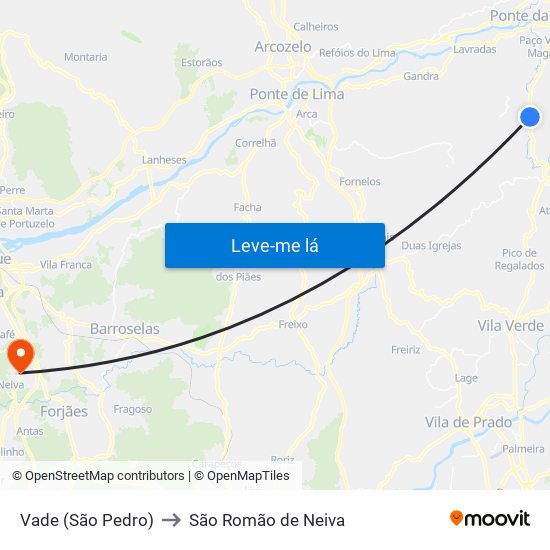 Vade (São Pedro) to São Romão de Neiva map