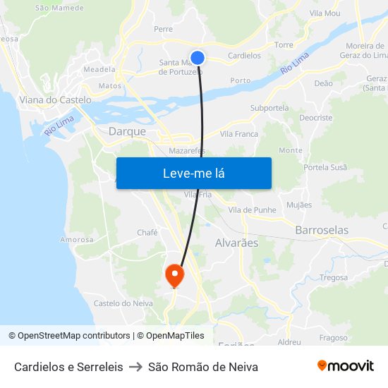 Cardielos e Serreleis to São Romão de Neiva map