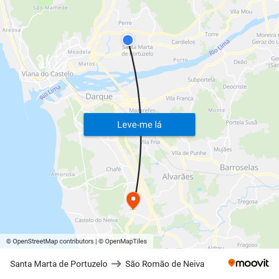 Santa Marta de Portuzelo to São Romão de Neiva map
