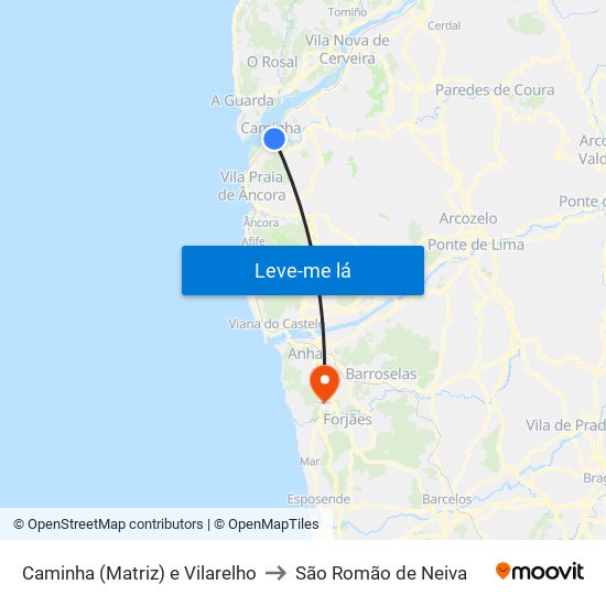 Caminha (Matriz) e Vilarelho to São Romão de Neiva map