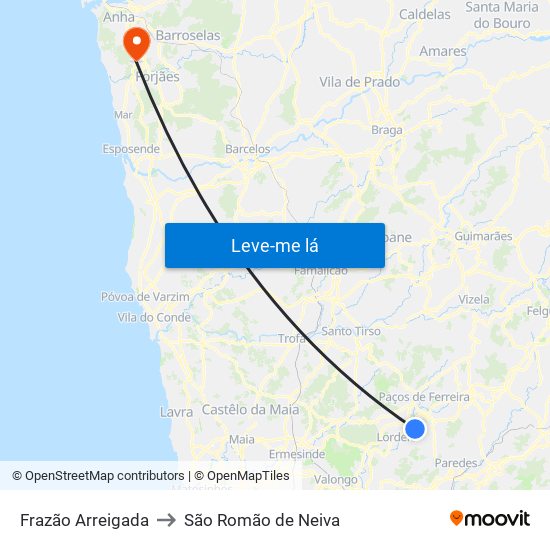 Frazão Arreigada to São Romão de Neiva map