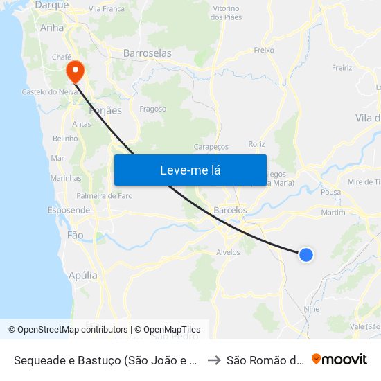 Sequeade e Bastuço (São João e Santo Estêvão) to São Romão de Neiva map