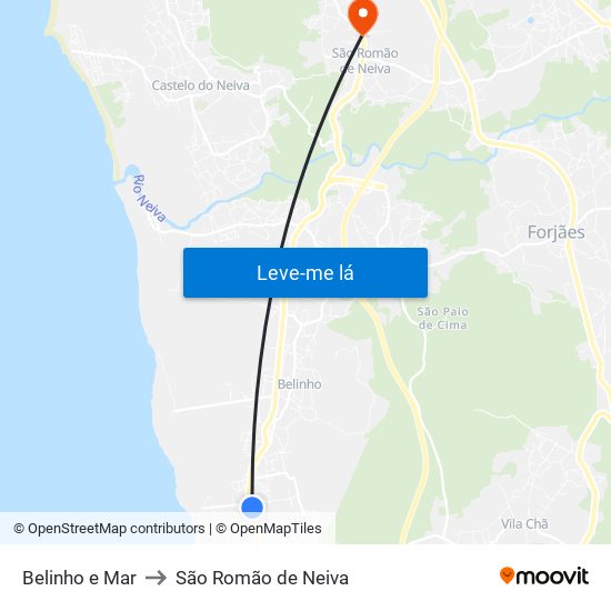 Belinho e Mar to São Romão de Neiva map