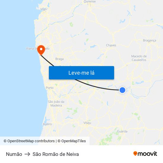 Numão to São Romão de Neiva map