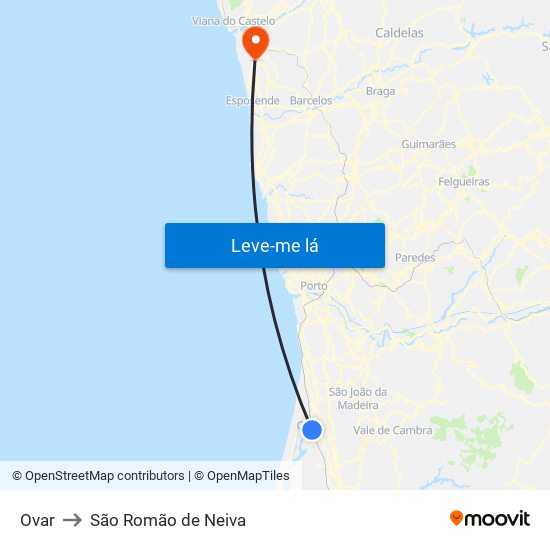 Ovar to São Romão de Neiva map