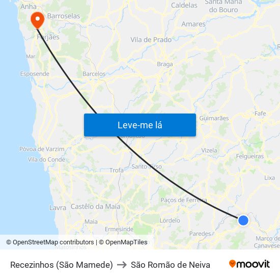 Recezinhos (São Mamede) to São Romão de Neiva map