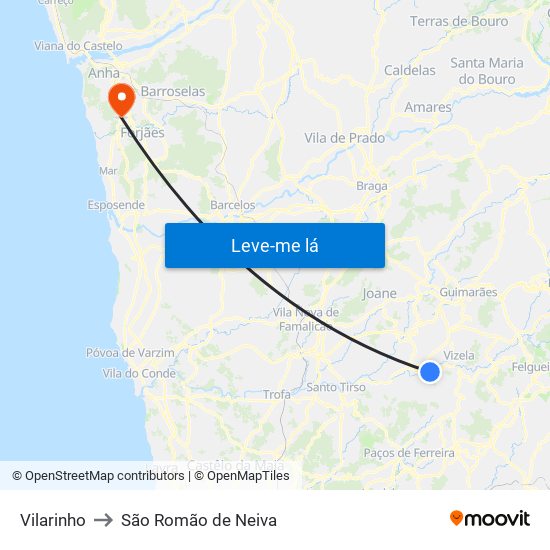 Vilarinho to São Romão de Neiva map