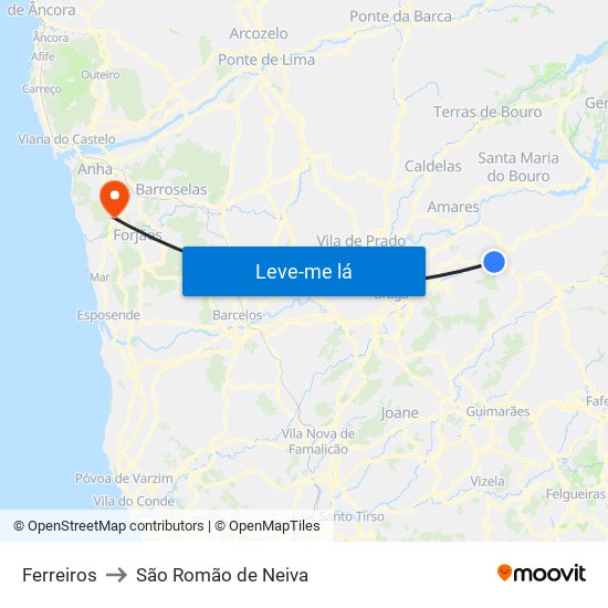 Ferreiros to São Romão de Neiva map