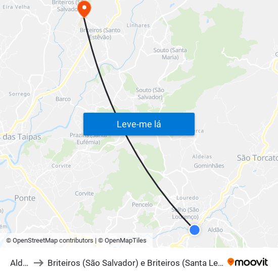 Aldão to Briteiros (São Salvador) e Briteiros (Santa Leocádia) map