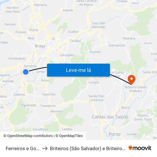 Ferreiros e Gondizalves to Briteiros (São Salvador) e Briteiros (Santa Leocádia) map
