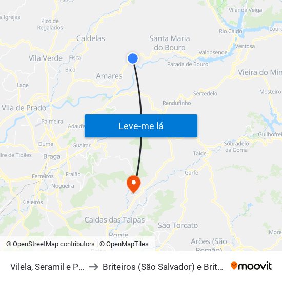 Vilela, Seramil e Paredes Secas to Briteiros (São Salvador) e Briteiros (Santa Leocádia) map