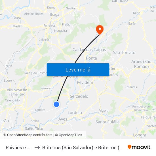 Ruivães e Novais to Briteiros (São Salvador) e Briteiros (Santa Leocádia) map