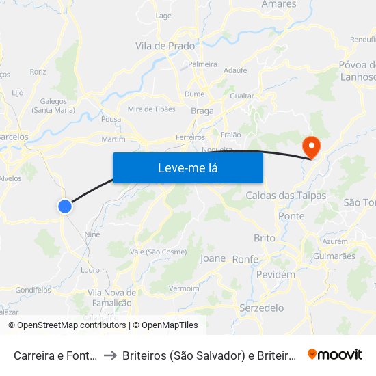 Carreira e Fonte Coberta to Briteiros (São Salvador) e Briteiros (Santa Leocádia) map