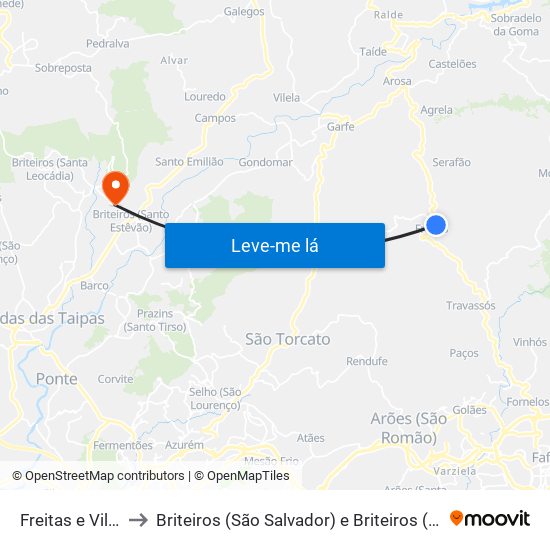 Freitas e Vila Cova to Briteiros (São Salvador) e Briteiros (Santa Leocádia) map