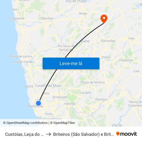 Custóias, Leça do Balio e Guifões to Briteiros (São Salvador) e Briteiros (Santa Leocádia) map