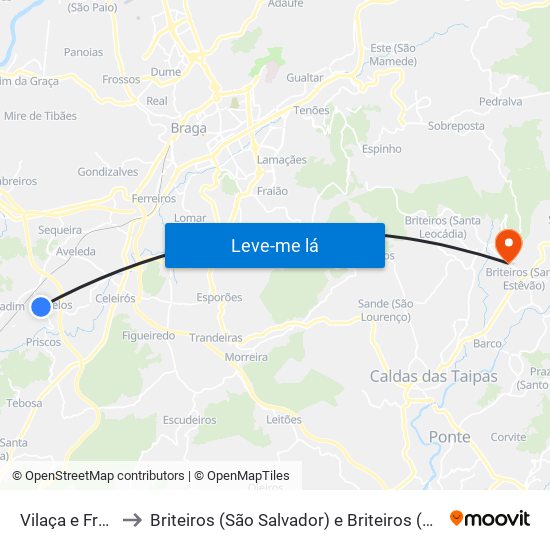 Vilaça e Fradelos to Briteiros (São Salvador) e Briteiros (Santa Leocádia) map