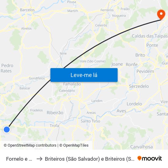 Fornelo e Vairão to Briteiros (São Salvador) e Briteiros (Santa Leocádia) map