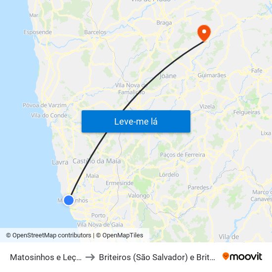 Matosinhos e Leça da Palmeira to Briteiros (São Salvador) e Briteiros (Santa Leocádia) map