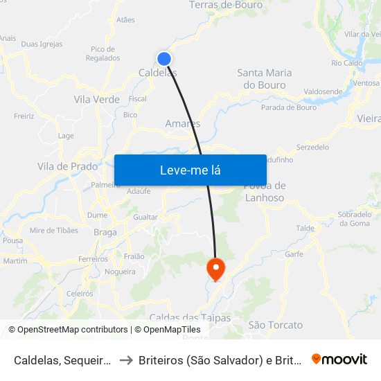 Caldelas, Sequeiros e Paranhos to Briteiros (São Salvador) e Briteiros (Santa Leocádia) map