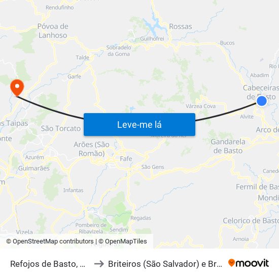 Refojos de Basto, Outeiro e Painzela to Briteiros (São Salvador) e Briteiros (Santa Leocádia) map