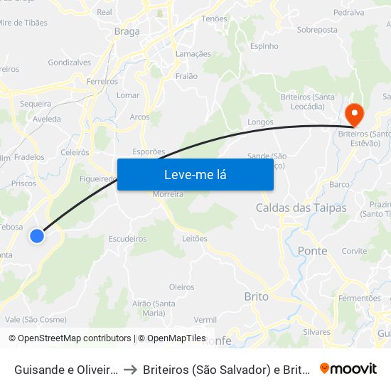Guisande e Oliveira (São Pedro) to Briteiros (São Salvador) e Briteiros (Santa Leocádia) map