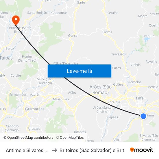 Antime e Silvares (São Clemente) to Briteiros (São Salvador) e Briteiros (Santa Leocádia) map